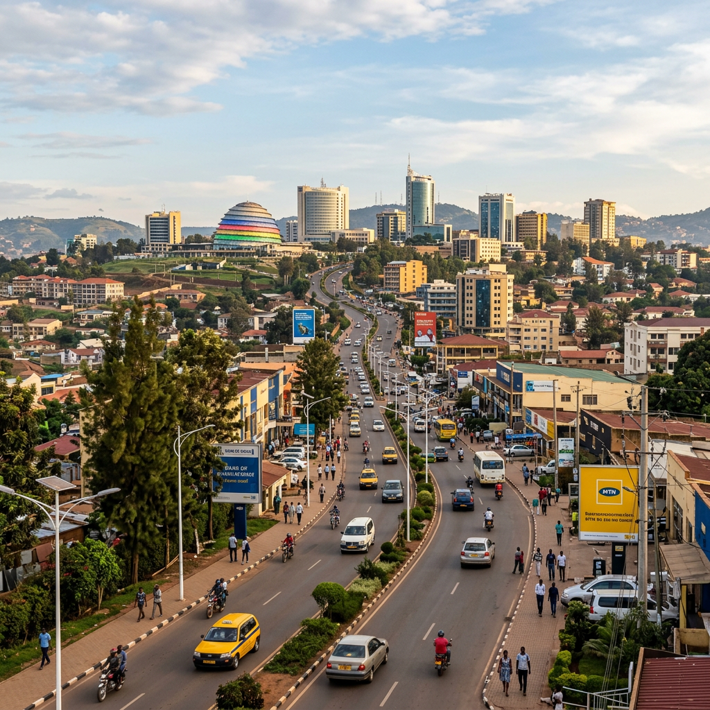 Central Kigali street with traffic and pedestrians, colorful dome building, and city skyline