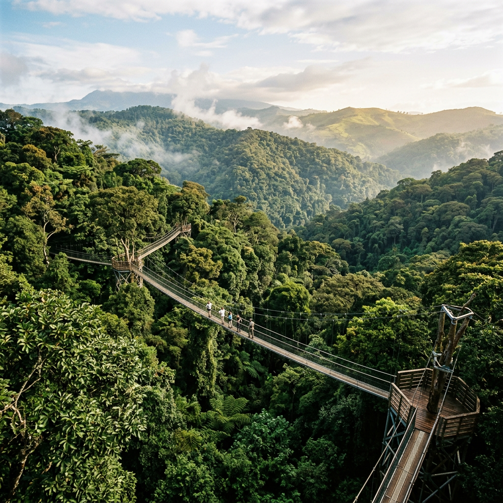 People walking on suspension bridge above dense rainforest canopy with mountains in background