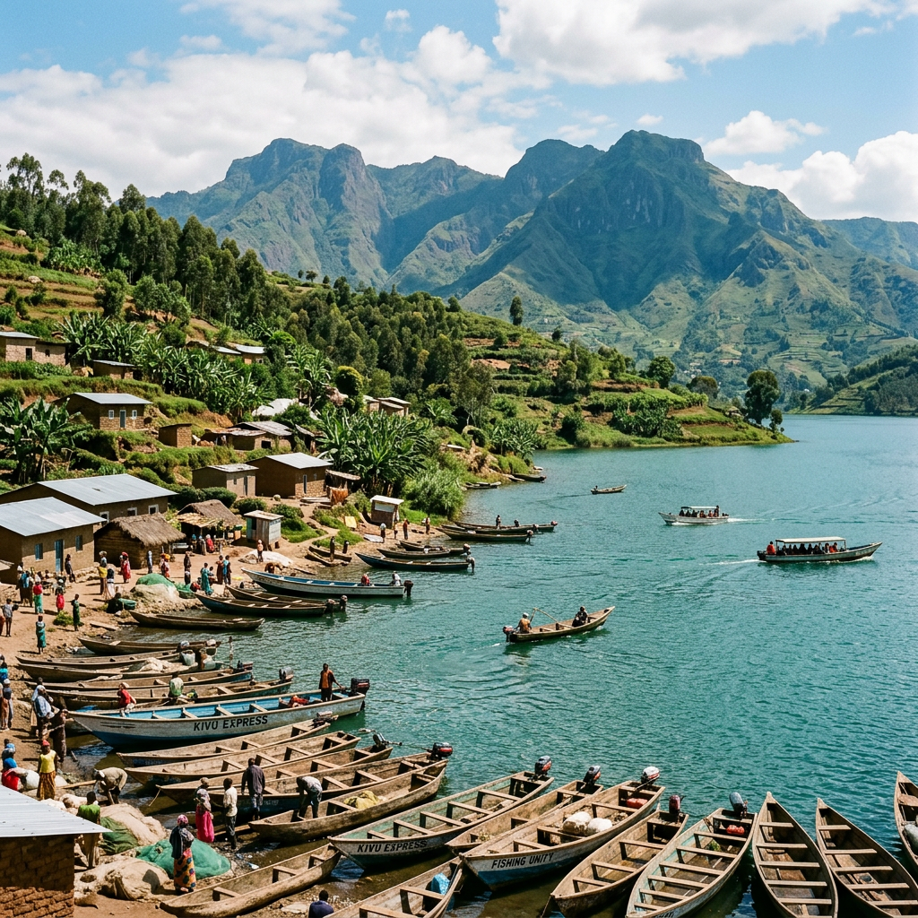 Fishing boats docked at a lakeside village with mountains in the background
