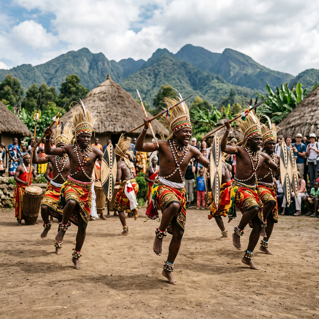 Dancers in traditional attire holding spears and shields performing an energetic dance outdoors
