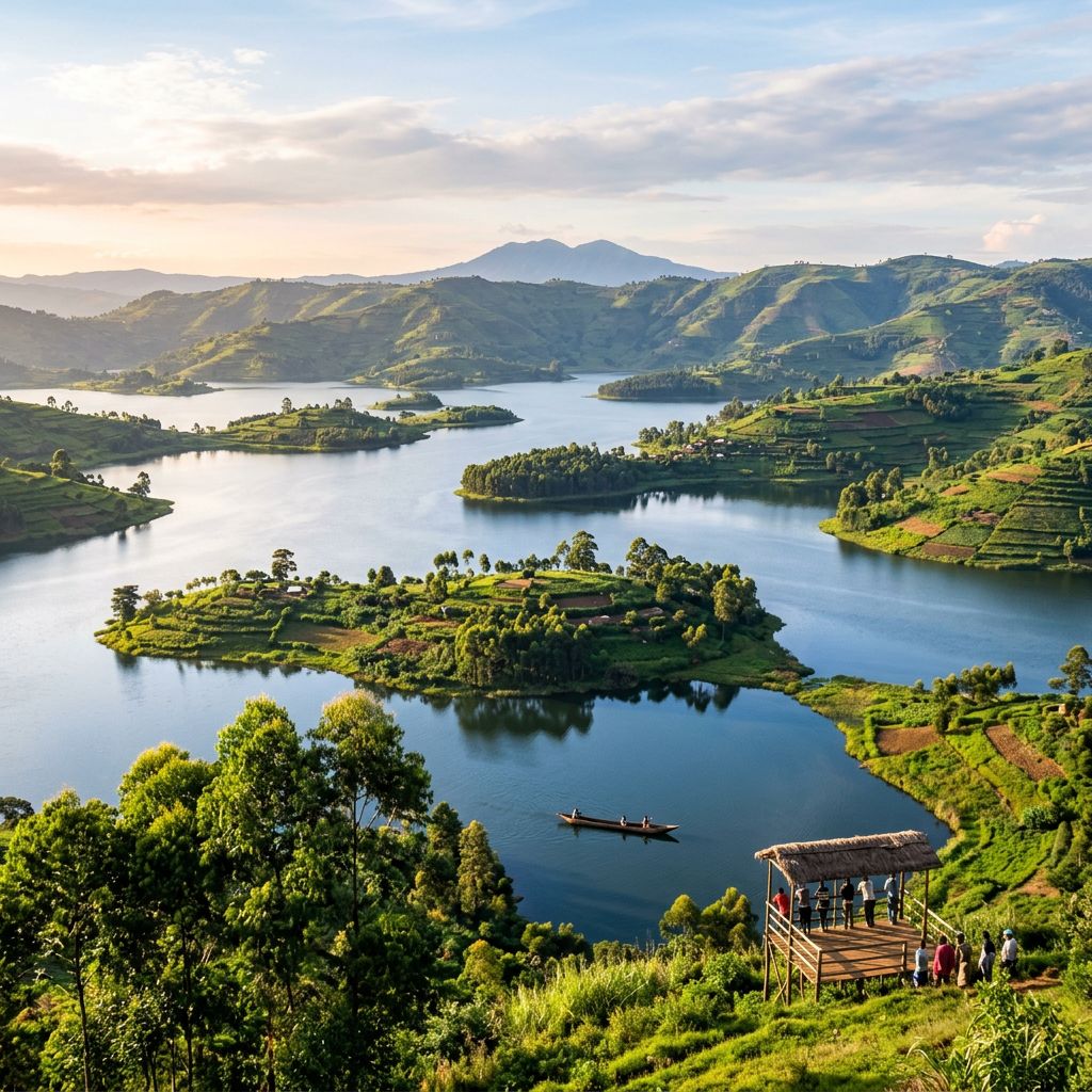 Lake with small islands and green hills under a partly cloudy sky