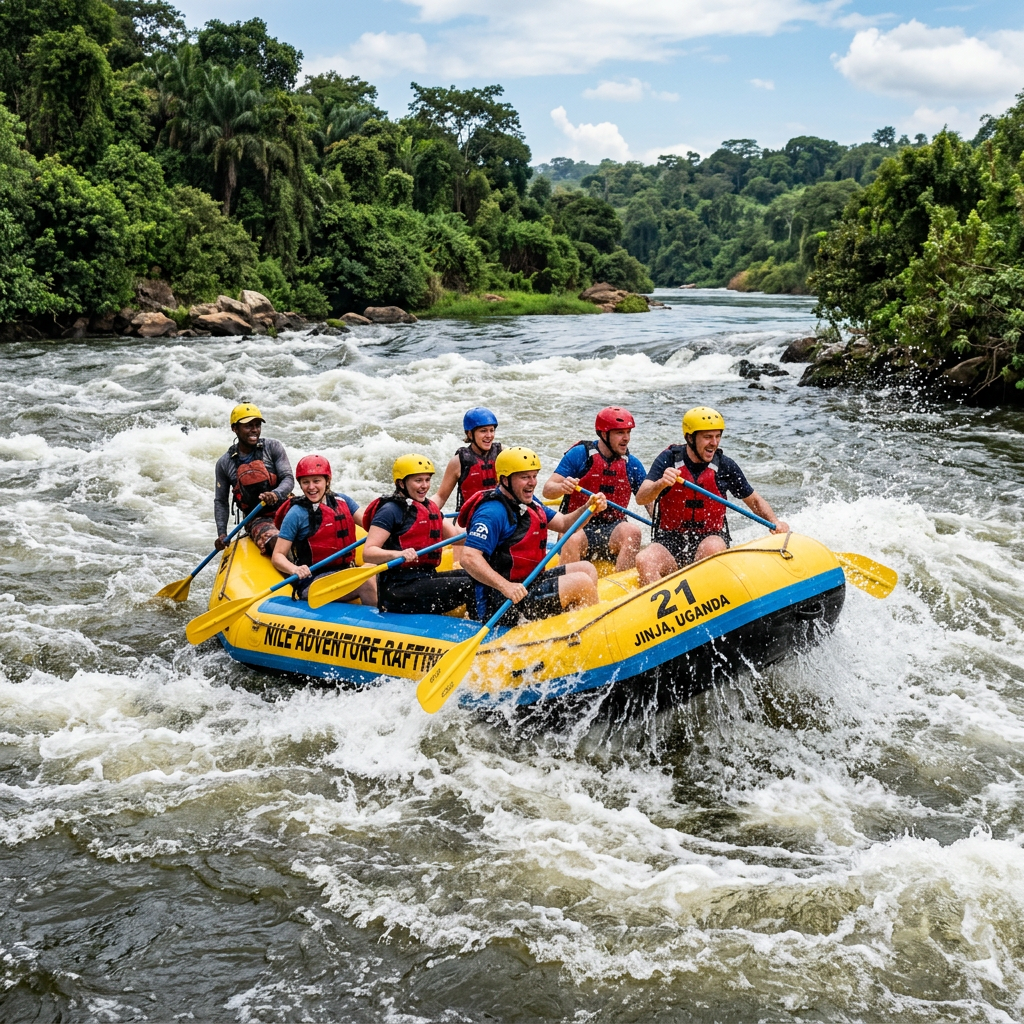 Seven people in helmets and life jackets rafting on a rapid river in a yellow raft